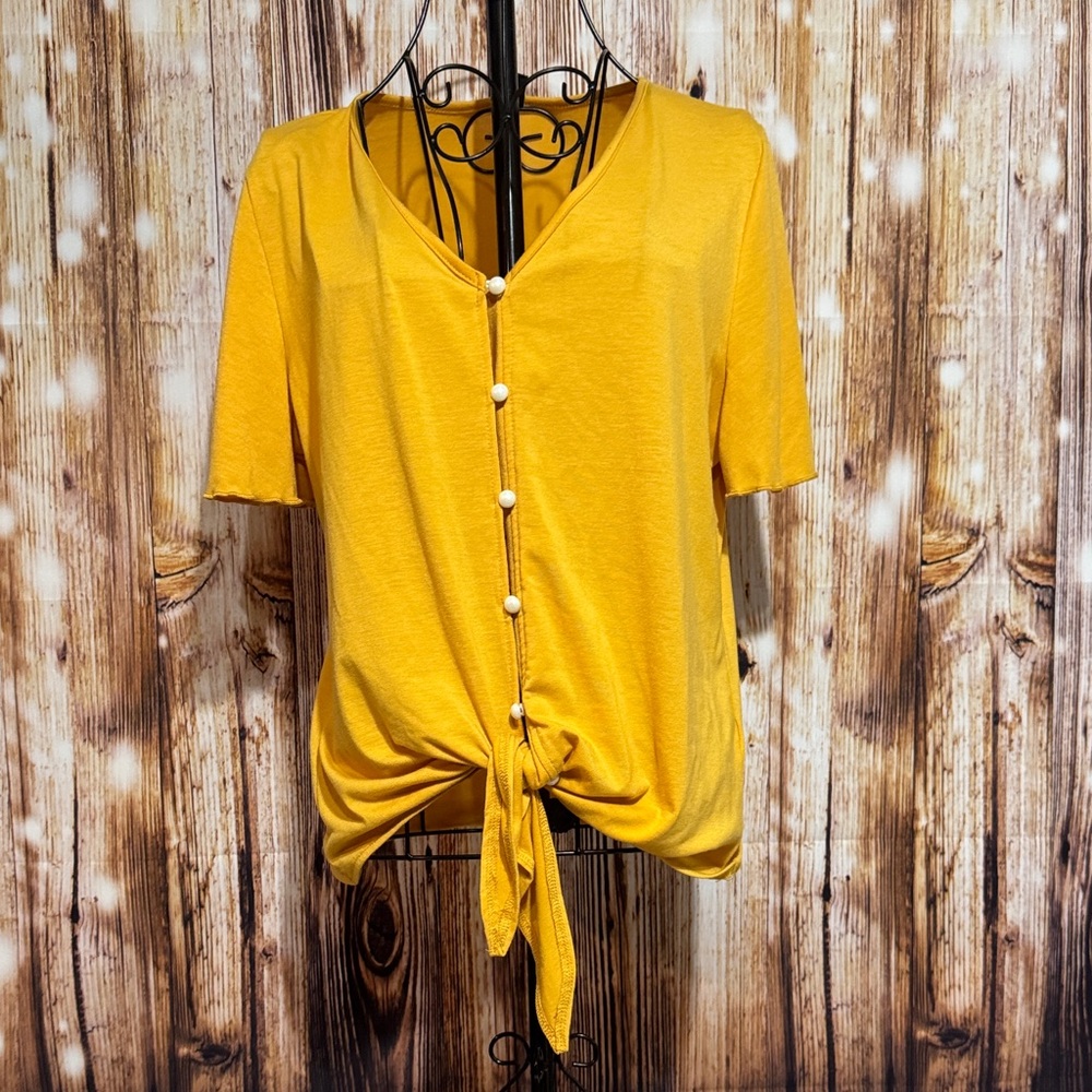 SHEIN Bright Yellow Button-Down Tie Front Top